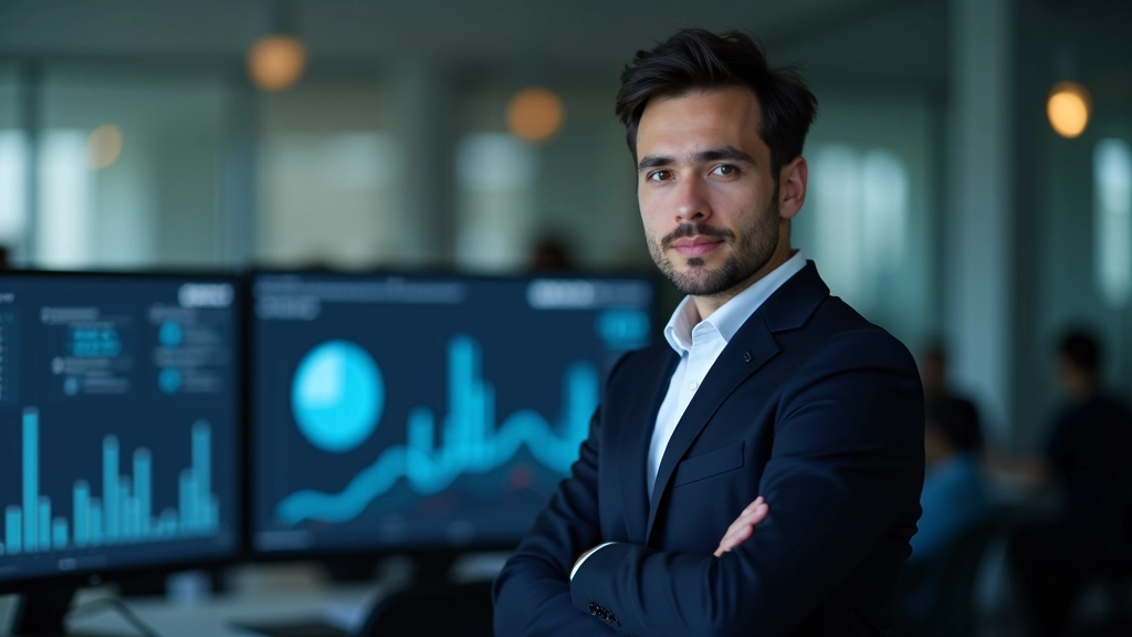 Desktop computer showing analytics dashboard with performance metrics and colored charts on multiple monitors