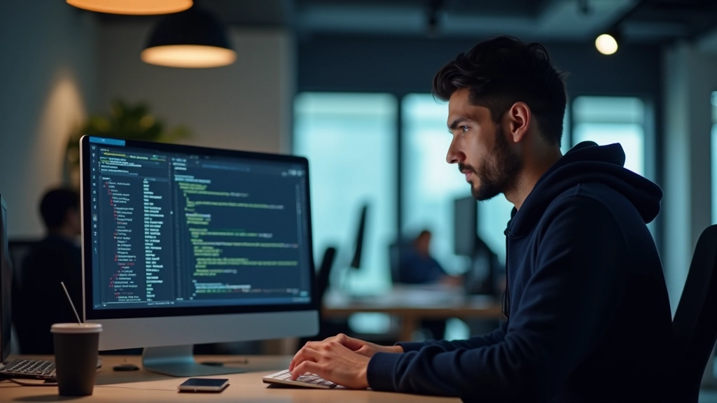 Developer at desk working on laptop with code editor showing HTML and JavaScript files in terminal window