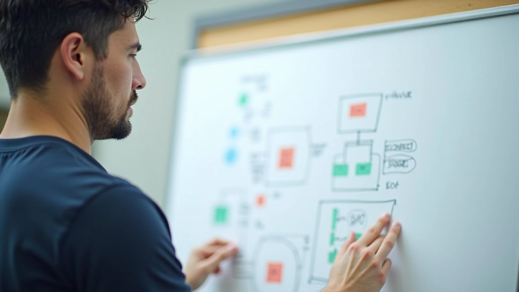 Person pointing at whiteboard with network architecture diagram, sticky notes, and technical sketches in collaborative workspace with natural lighting