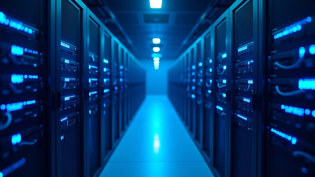 Server rack infrastructure with blue LED lighting in modern data center facility showing network equipment and cabling