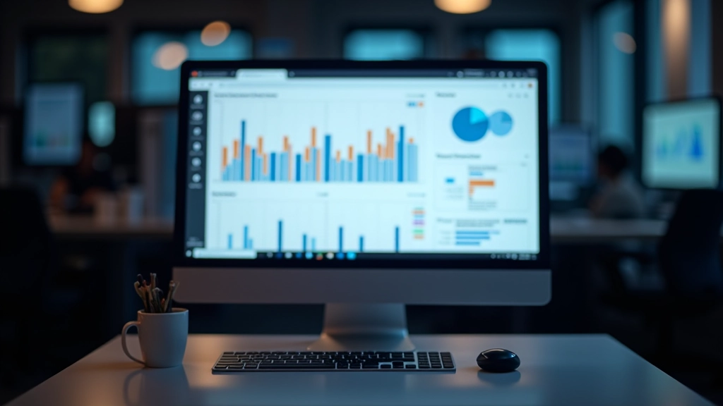 Computer monitor displaying web analytics dashboard with performance metrics and loading times graph