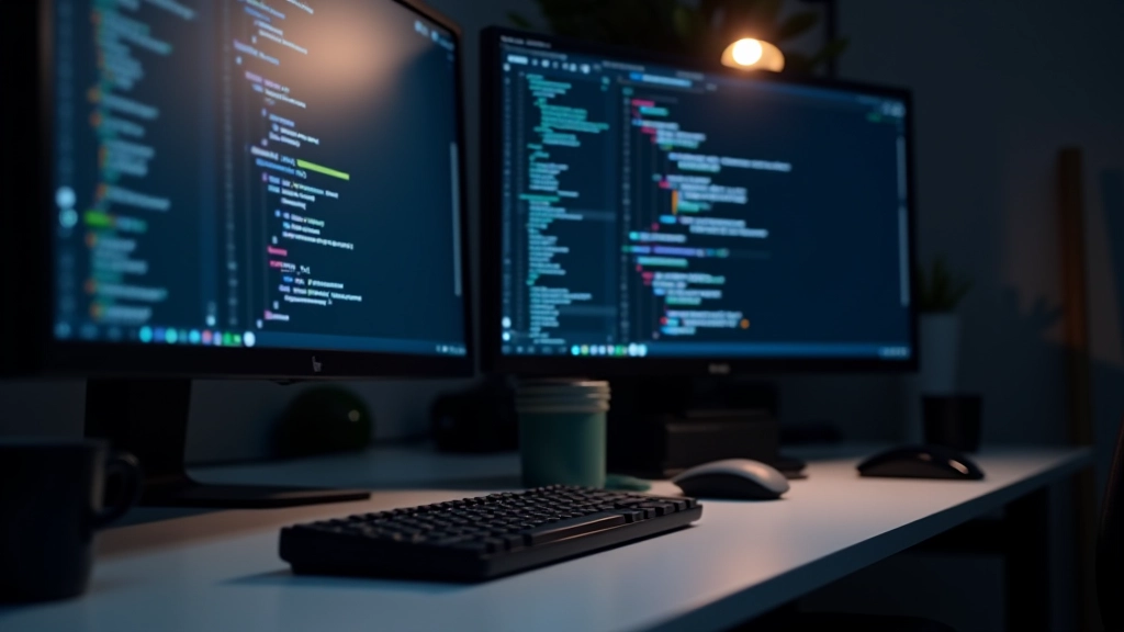 Modern web development workspace with multiple monitors displaying performance analytics dashboards and optimization metrics