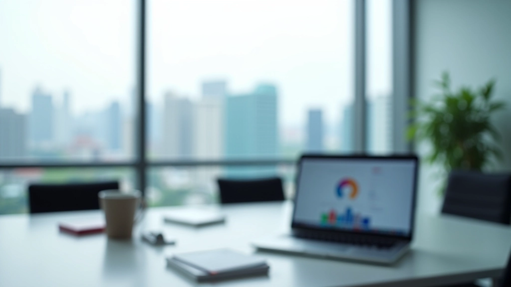 Professional office space with large windows showing Hong Kong skyline, modern desk setup with laptop displaying website analytics, natural daylight illumination