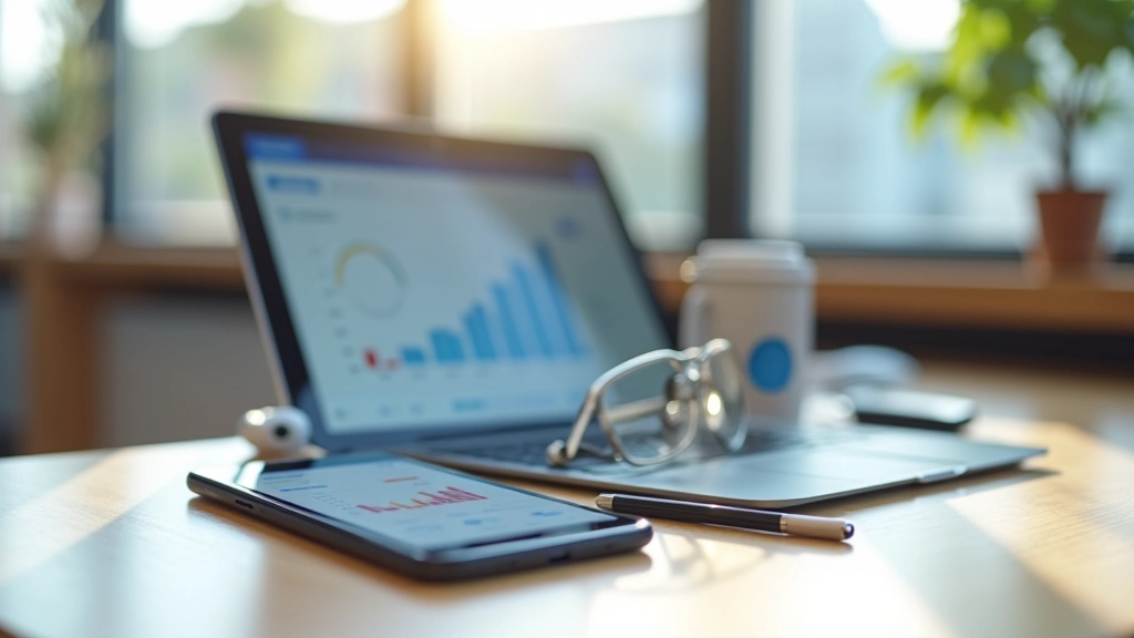 Smartphone and tablet on wooden desk with analytics dashboard visible, morning natural light, clean composition with performance metrics visible on screens